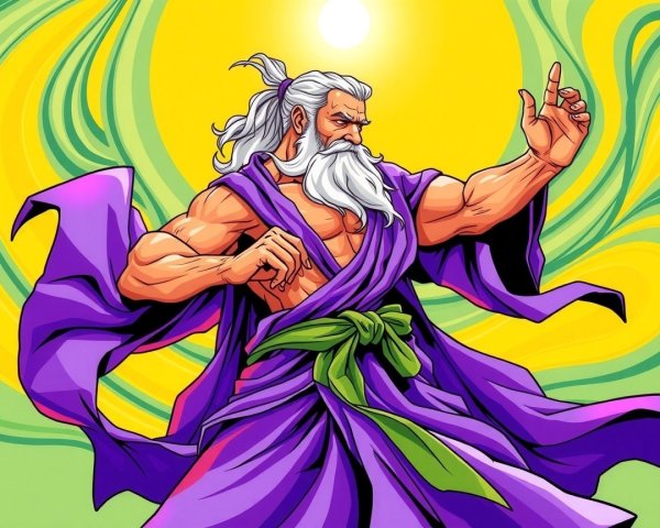 Mystical figure in purple robe with radiant backdrop