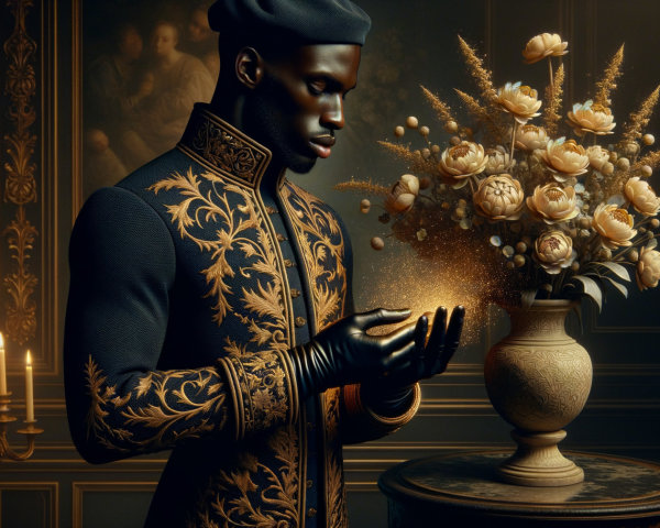 Man in Blue Coat with Golden Flowers and Candlelight