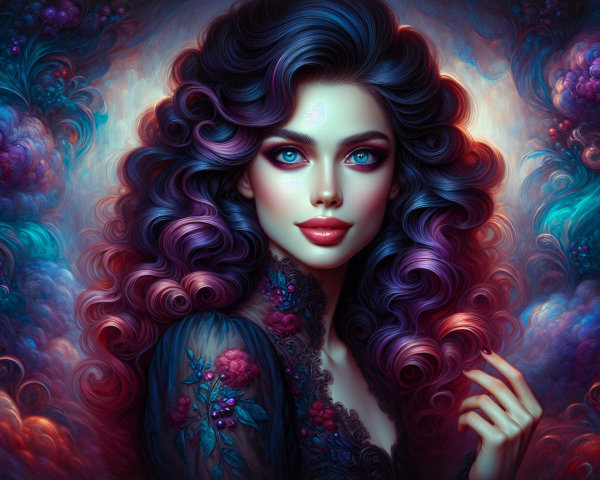 Vibrant Curls and Dreamlike Floral Background
