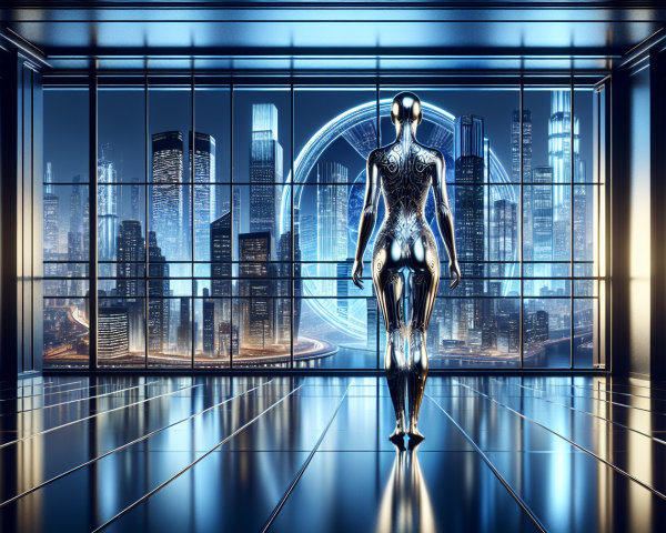 Futuristic Robot in Modern Room with City Skyline View
