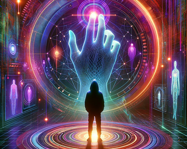 Silhouetted Figure in a Vibrant Digital Realm