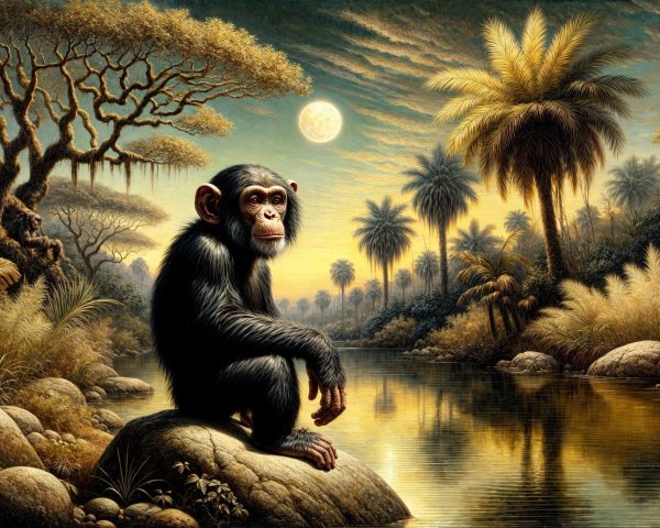 Chimpanzee by River at Dusk with Tropical Landscape