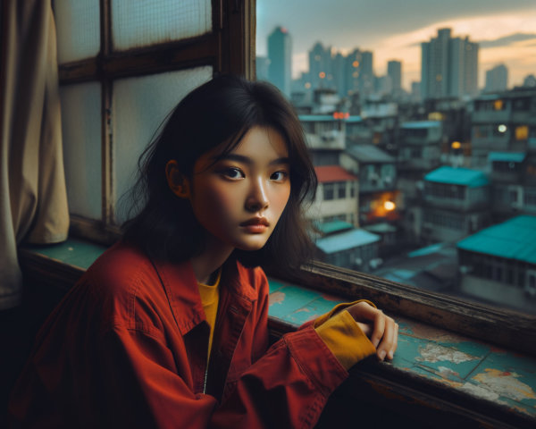Young woman in vibrant attire gazes out window