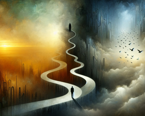 Surreal Landscape with Contrasting Warm and Cool Themes
