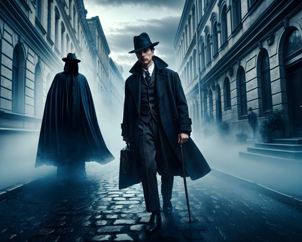 Mysterious Alley Scene with Dapper Man and Shadowy Figure