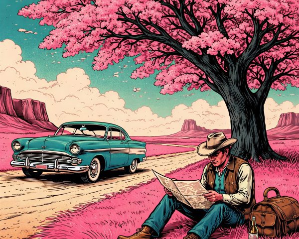 Cowboy in Pink Grass Under Bright Tree with Map