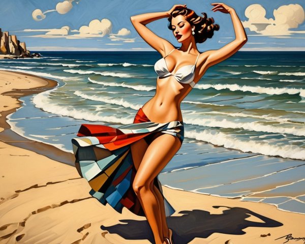 Retro Illustration of a Woman Dancing on a Beach