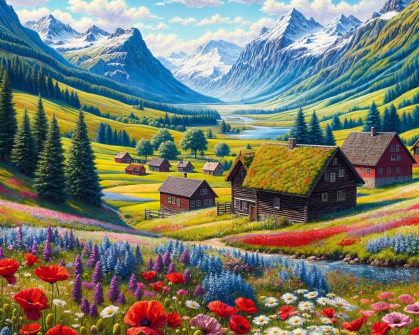 Picturesque Valley with Wildflowers and Cottages