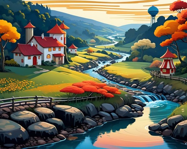 Vibrant Autumn Valley with River and Charming Houses