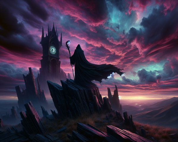 Cloaked Figure on Rocks with Clock Tower and Sky