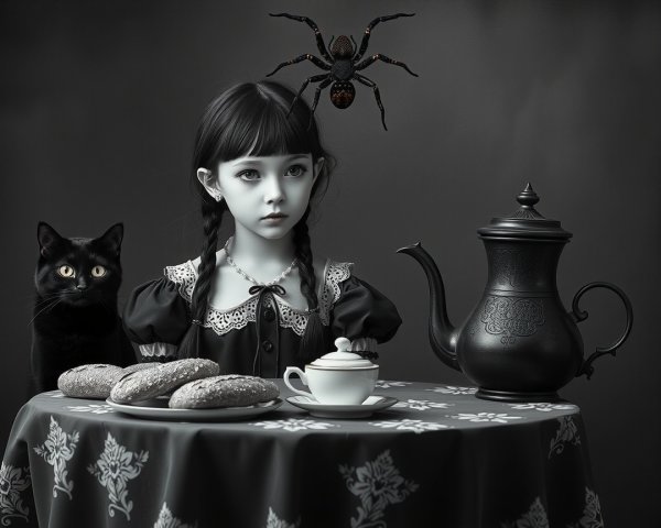 Haunting Scene of a Girl in Vintage Dress with Cat