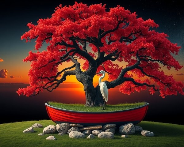 Vibrant Red Tree and Crane at Sunset Landscape