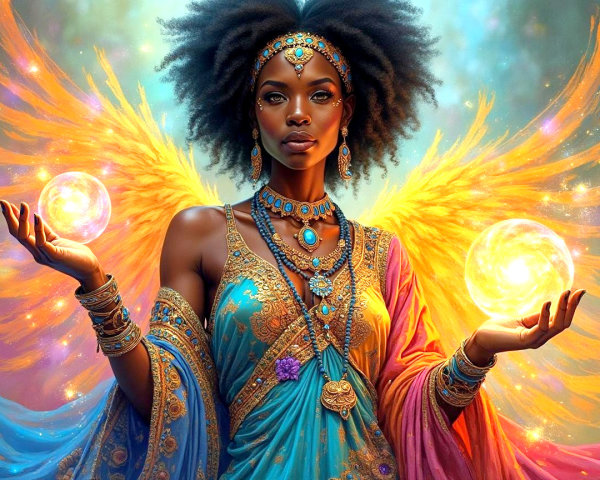 Majestic figure with glowing orbs and golden wings
