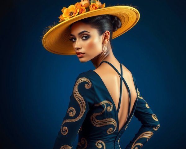 Young woman in blue dress with gold patterns and hat