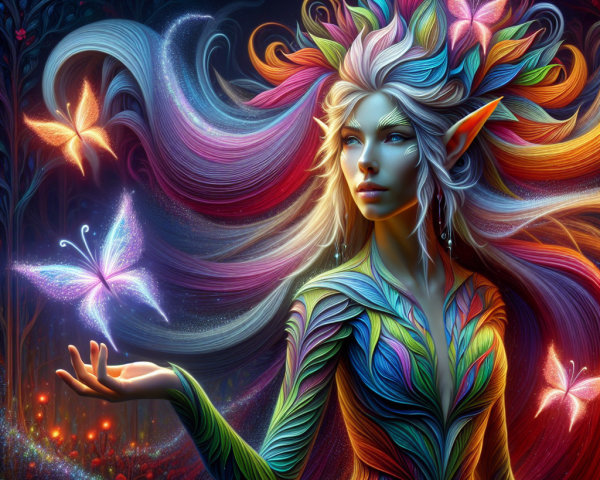 Mystical figure in a glowing forest with butterflies