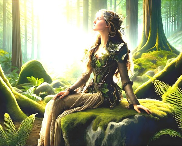 Serene Forest Scene with Woman in Nature-Inspired Gown