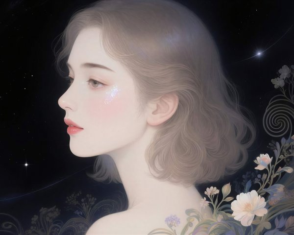 Anime Digital Painting of a Young Woman with Flowers