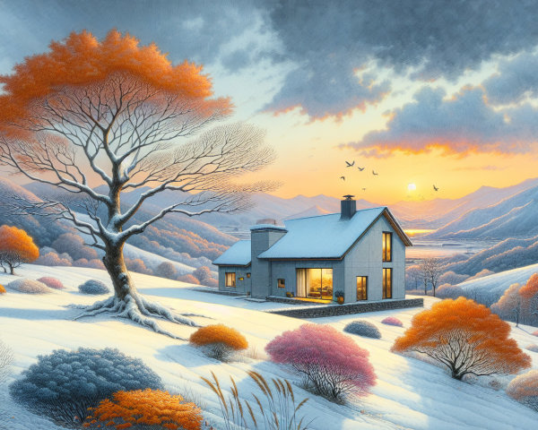 Winter Landscape with House and Snowy Hills