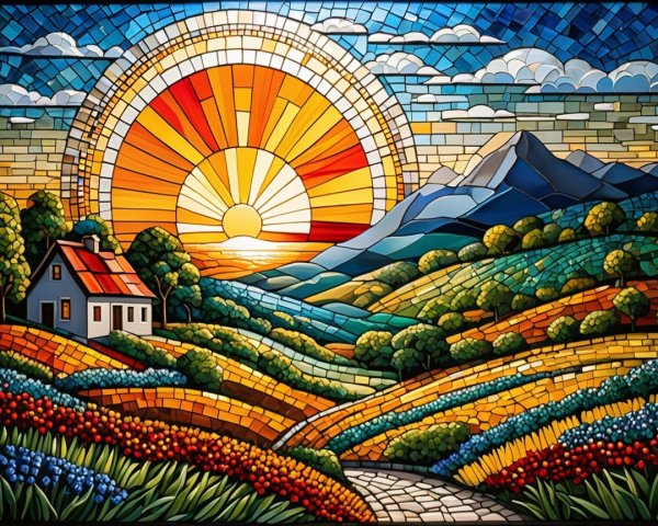 Vibrant Stained Glass Landscape with Sun and Flowers