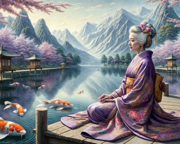 Woman in Kimono by Tranquil Lake with Cherry Blossoms