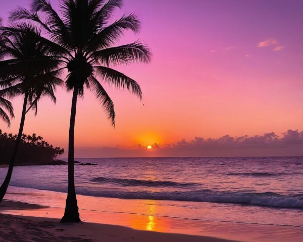 Serene Beach Sunset with Silhouetted Palm Trees