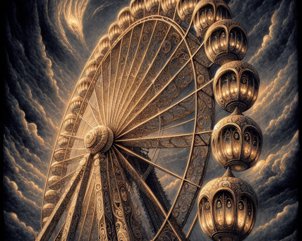 Intricately Designed Ferris Wheel Against Dramatic Sky