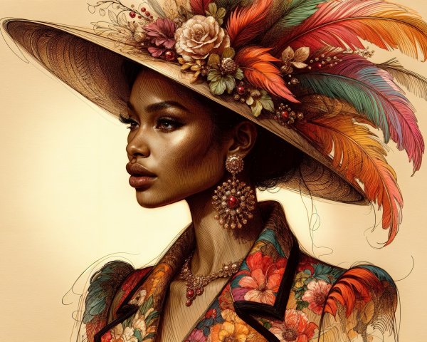 Elegant Woman in Floral Attire with Wide-Brimmed Hat