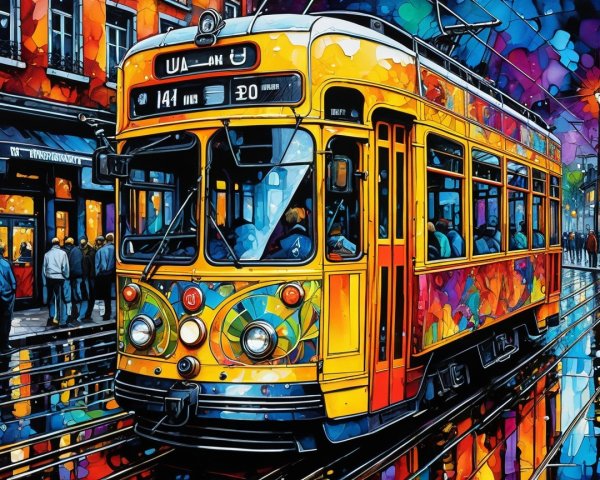 Colorful street scene with a yellow tram and storefronts