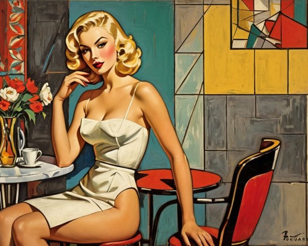 Elegant Woman in Modern Café with Vibrant Decor