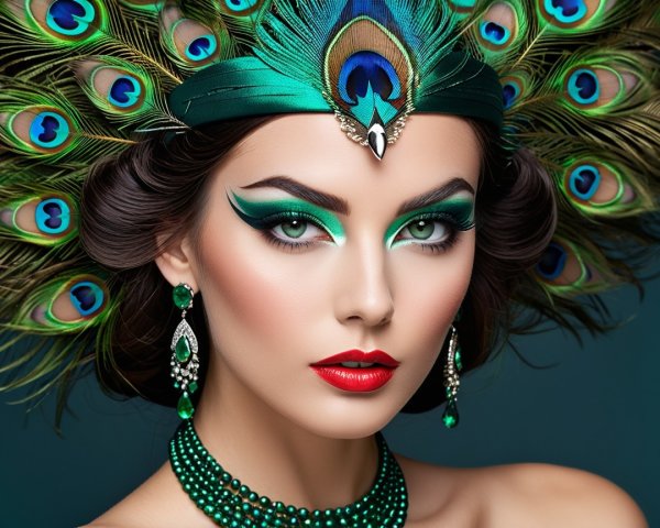 Portrait of a model with peacock feather headpiece