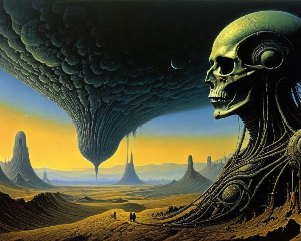 Surreal Landscape with Metallic Skull and Alien Structures