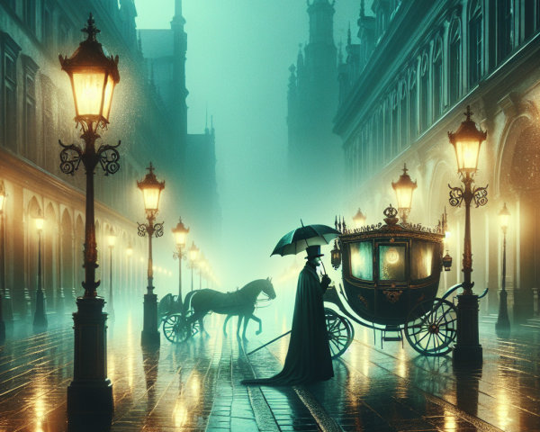 Misty Street Scene with Horse-Drawn Carriage and Gas Lamps