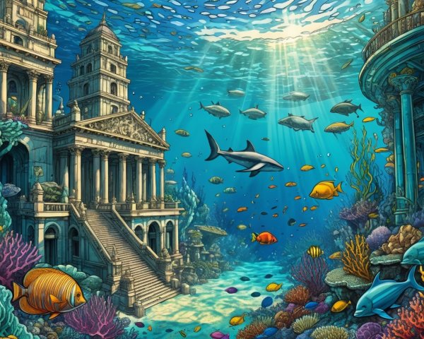 Underwater City with Coral-Covered Buildings and Fish