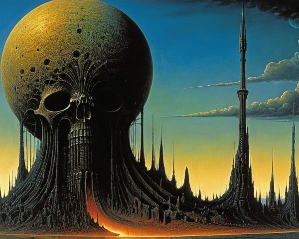 Surreal Landscape with Golden Skull and Dark Terrain