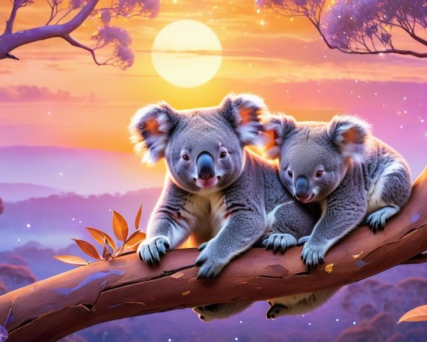 Koalas Cuddling on a Branch at Sunset