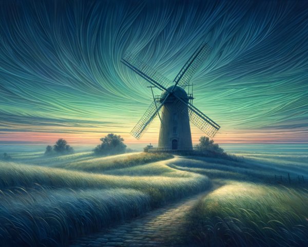 Tranquil Landscape with Windmill and Colorful Sky