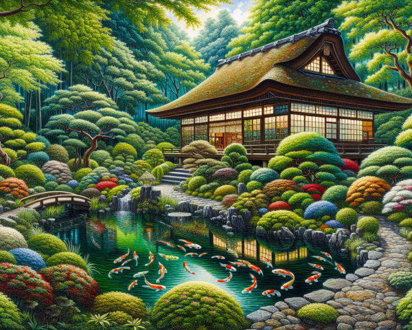 Vibrant Japanese Garden with Pond and Bridge