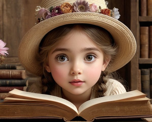 Young girl in straw hat reading in cozy library