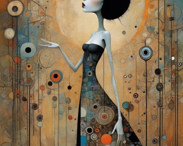 Stylized Female Figure in Intricate Dress Design