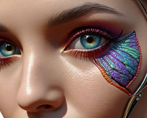 Vibrant Butterfly-Inspired Makeup Close-Up Description