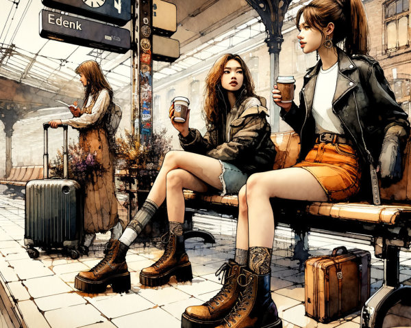 Young Women Socializing in a Train Station Setting