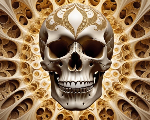 Intricate Skull Design with Golden Patterns and Background