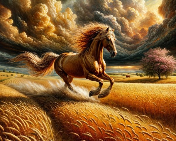 Golden horse galloping through a wheat field at sunset