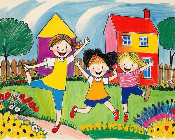 Cheerful girls dancing in a vibrant flower garden