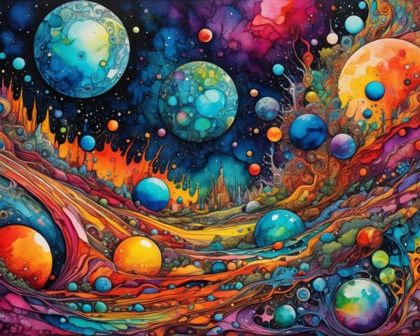 Vibrant Cosmic Scene with Colorful Planets and Patterns