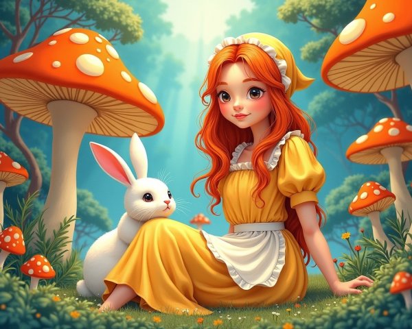 Whimsical Forest Scene with Girl and Rabbit