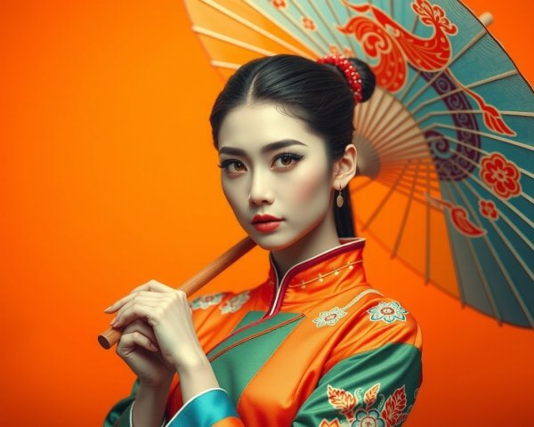 Young Woman in Traditional Outfit with Colorful Parasol