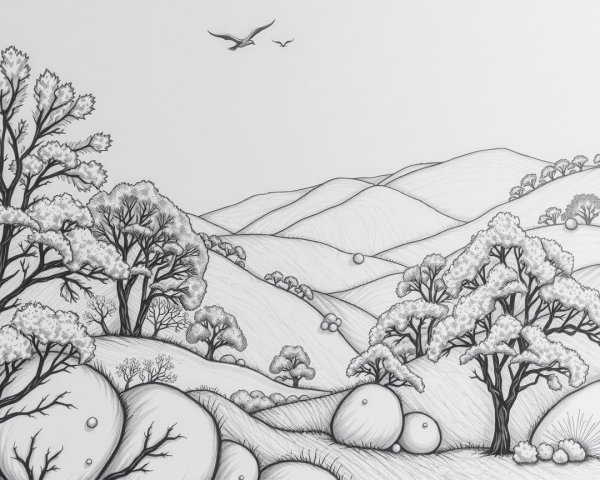 Serene Landscape Sketch of Rolling Hills and Trees