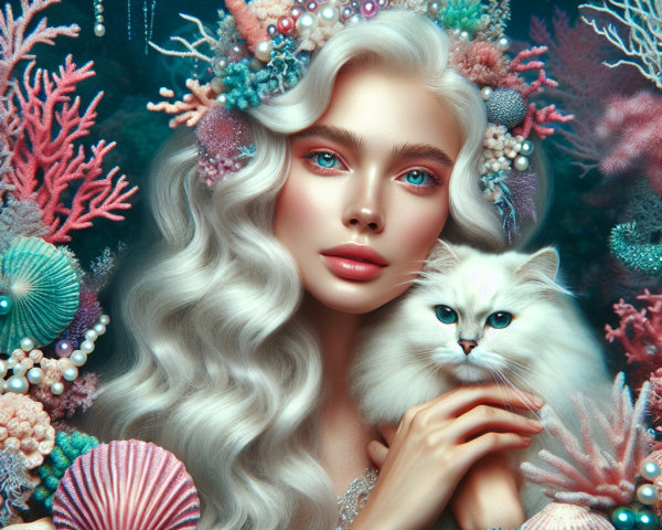 Underwater Scene with Woman, Cat, and Coral Elements