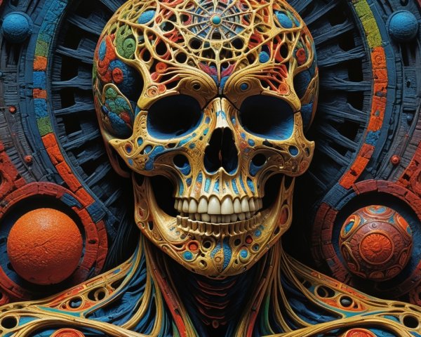 Ornate Skull Surrounded by Abstract Patterns and Shapes